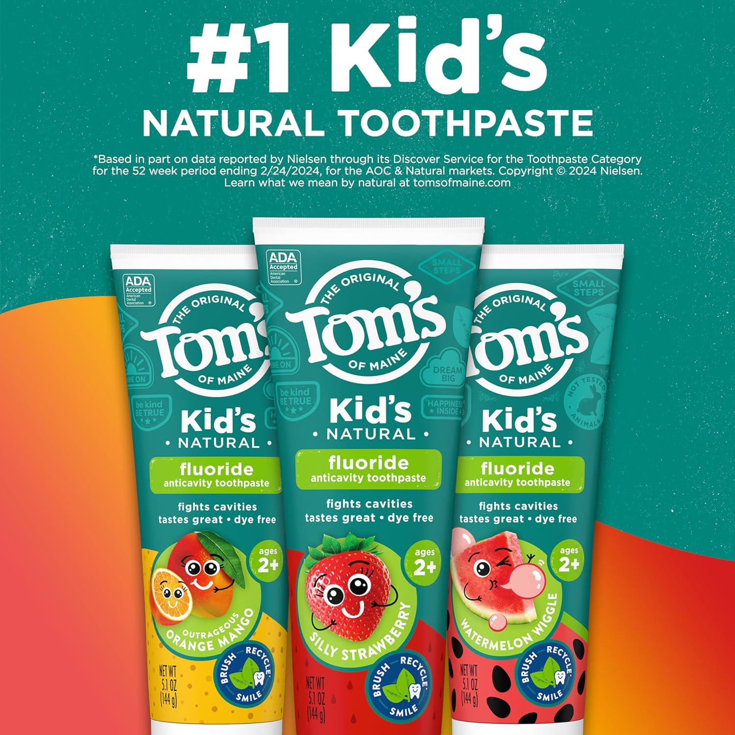 Tom's of Maine Anticavity Kids Natural Toothpaste Variety Pack, Strawberry, Orange Mango, Watermelon Flavors, Kids Toothpaste with Fluoride, Safe for Ages 2 and Up, 5.1 oz (Pack of 3)