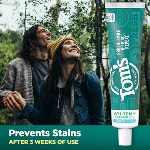 Tom’s of Maine Whiten Plus Coconut Oil Fluoride Free Toothpaste, Natural Whitening Toothpaste with Plant-Based Cleansers, Whitens Without Causing Sensitivity, Gentle Mint, 4.0 Oz (Pack of 3)