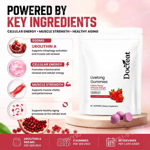 Docteat Urolithin A Gummies Muscle Vitality Support Cellular Energy Mitochondrial Health Daily Wellness Supplement 60 Gummies