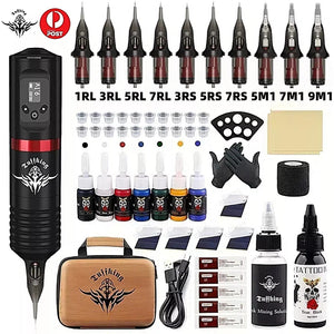 Wireless Tattoo Pen Machine Kit Complete with Power Supply Cartridge Needles Ink