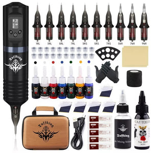 Wireless Tattoo Pen Machine Kit Complete with Power Supply Cartridge Needles Ink