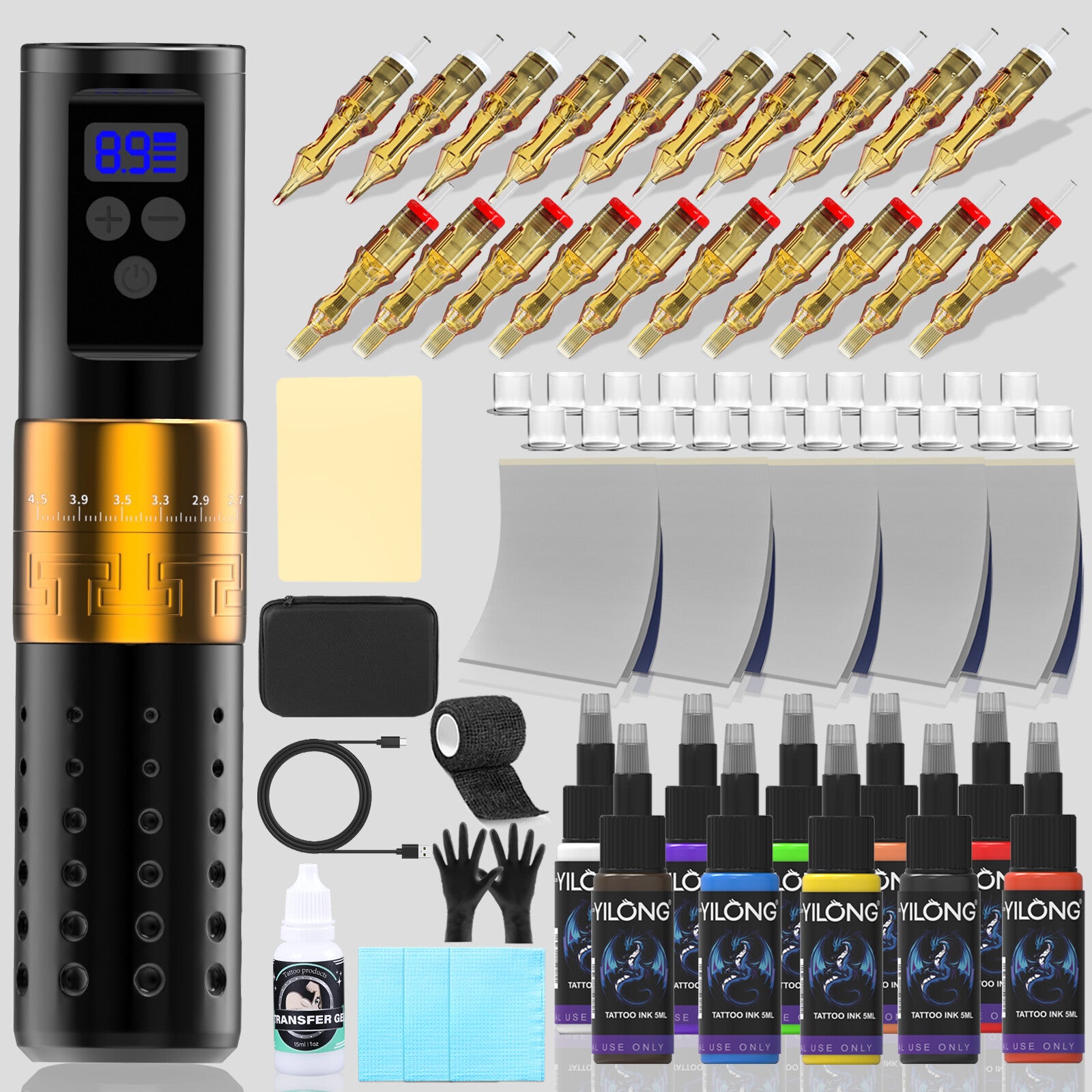 Tattoo Kit Complete Wireless Rotary Pen Machine with Ink Cartridge Needle Paper