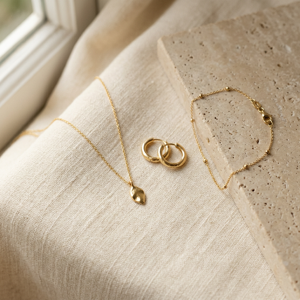 Text-free accessories photo concept with gold jewellery on cream linen